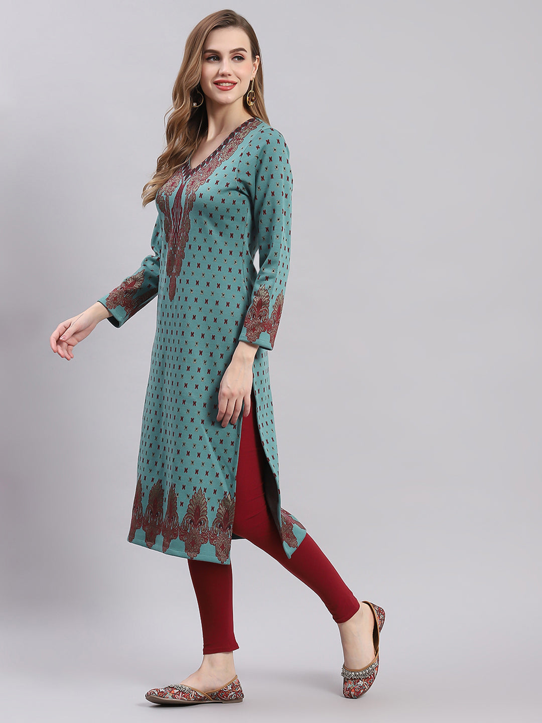 Women Teal Blue Printed V Neck Full Sleeve Kurtis