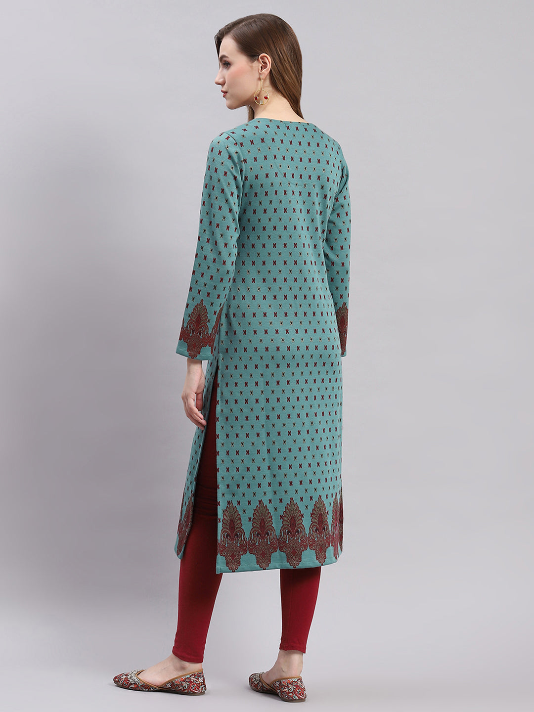 Women Teal Blue Printed V Neck Full Sleeve Kurtis