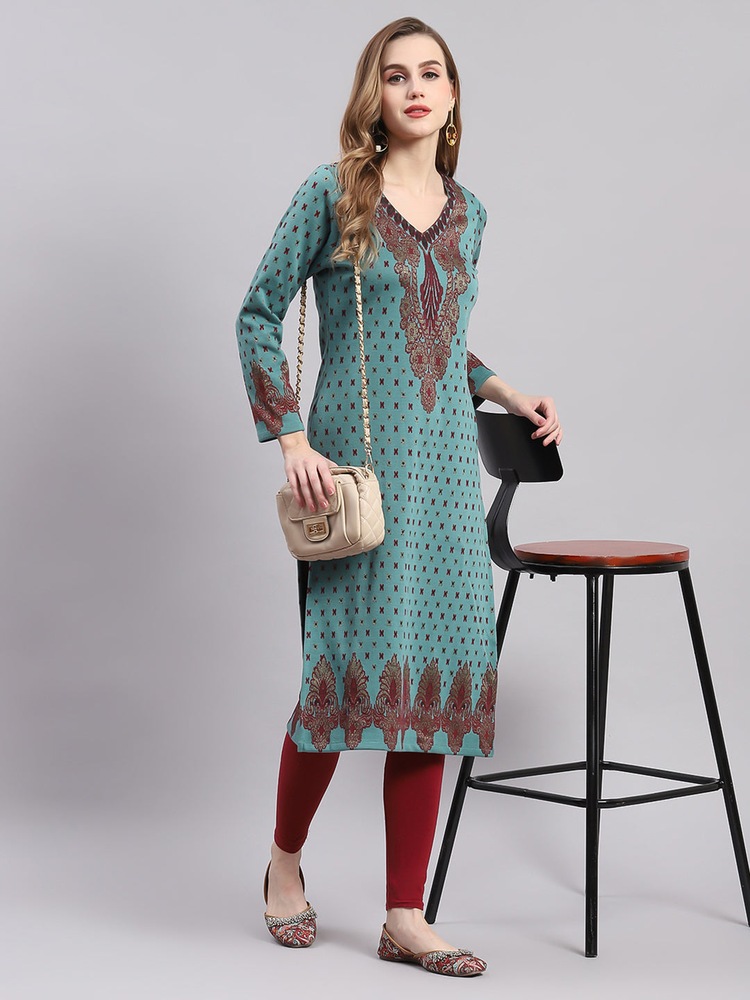 Women Teal Blue Printed V Neck Full Sleeve Kurtis