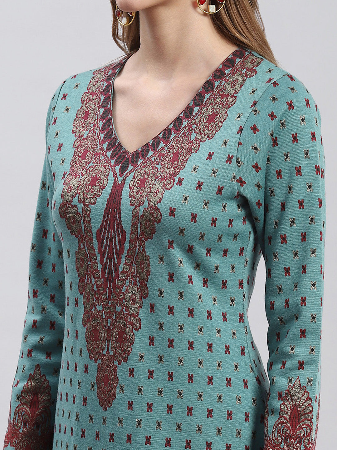 Women Teal Blue Printed V Neck Full Sleeve Kurtis