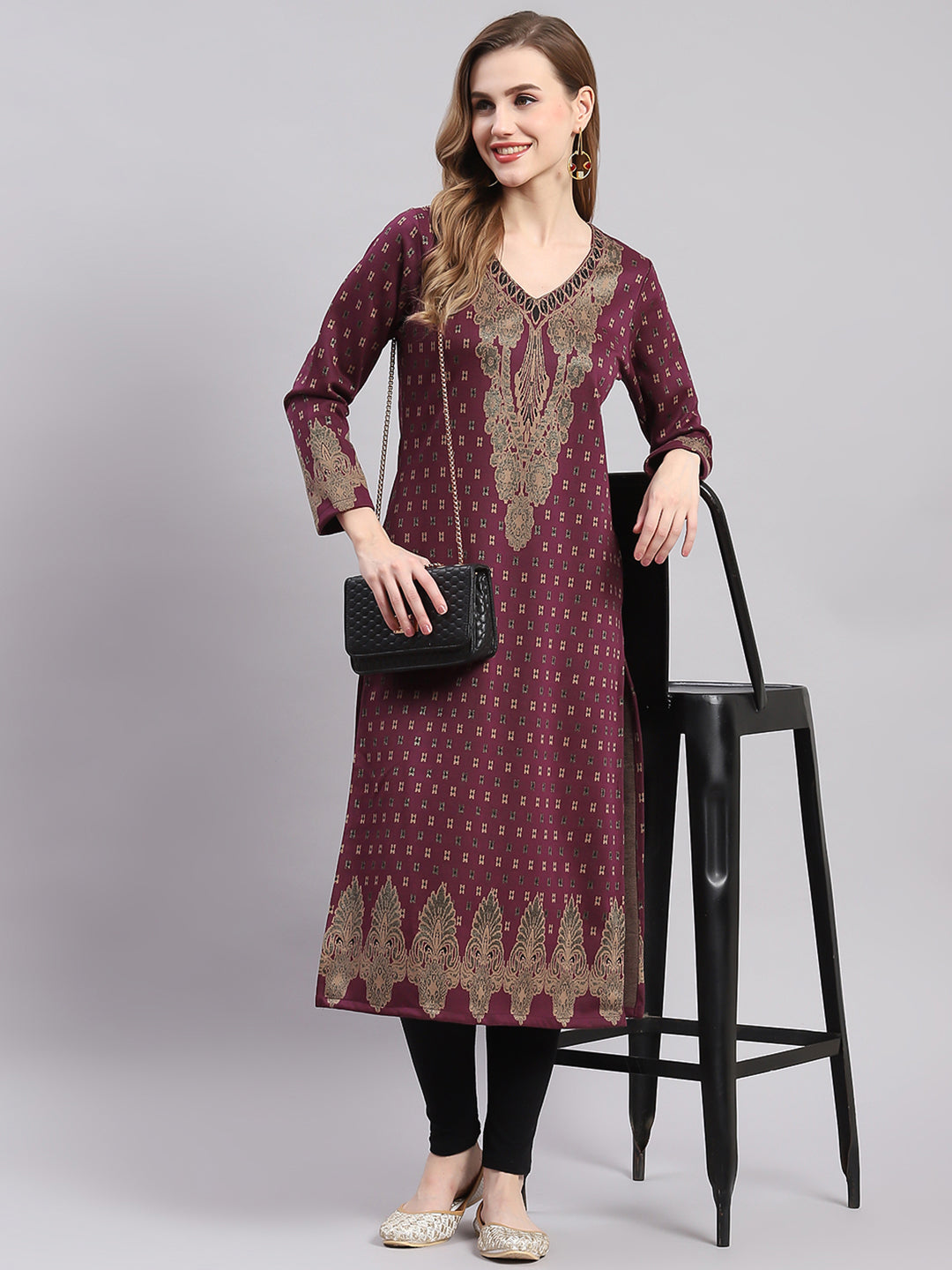 Women Maroon Printed V Neck Full Sleeve Kurtis