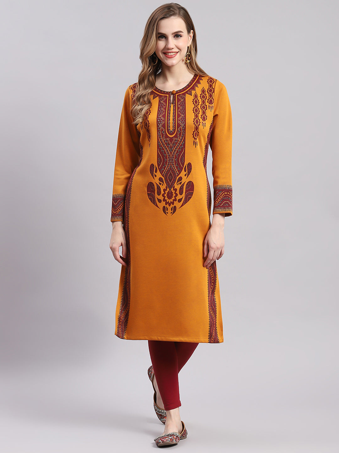 Women Mustard Printed Round Neck Full Sleeve Kurtis