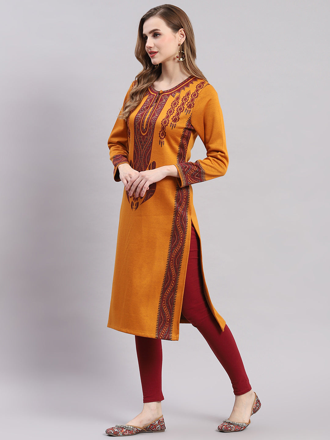Women Mustard Printed Round Neck Full Sleeve Kurtis