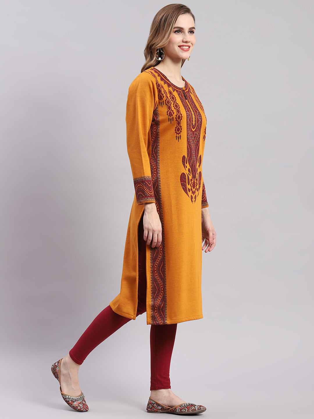 Women Mustard Printed Round Neck Full Sleeve Kurtis