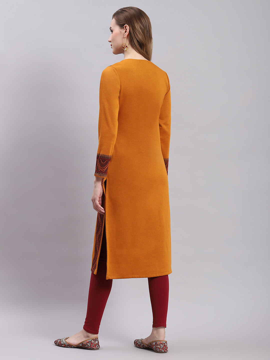 Women Mustard Printed Round Neck Full Sleeve Kurtis