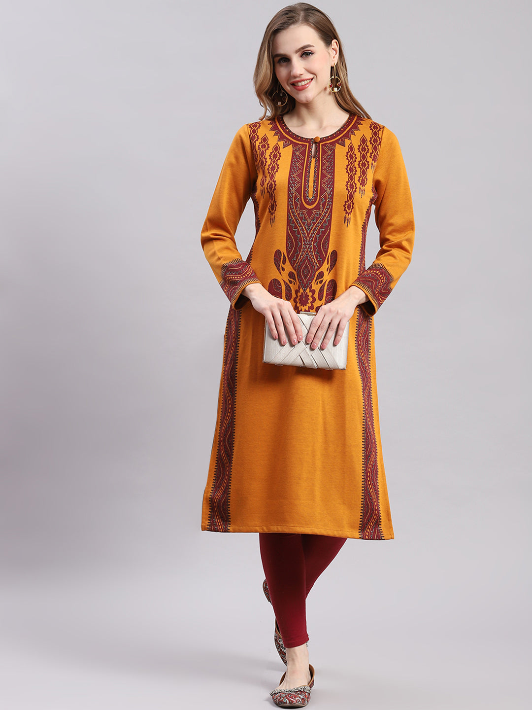 Women Mustard Printed Round Neck Full Sleeve Kurtis