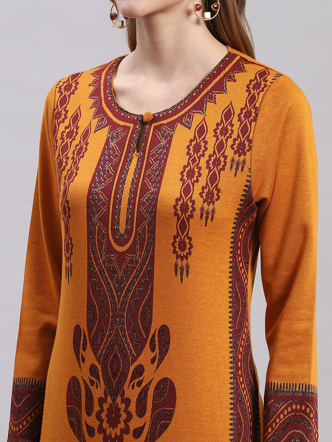 Women Mustard Printed Round Neck Full Sleeve Kurtis