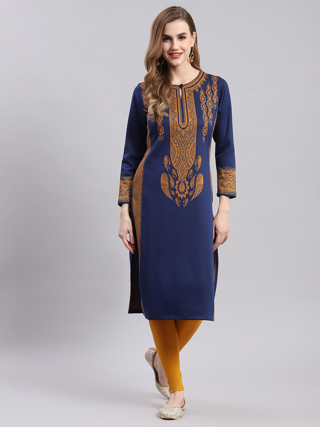 Women Blue Printed Round Neck Full Sleeve Kurtis