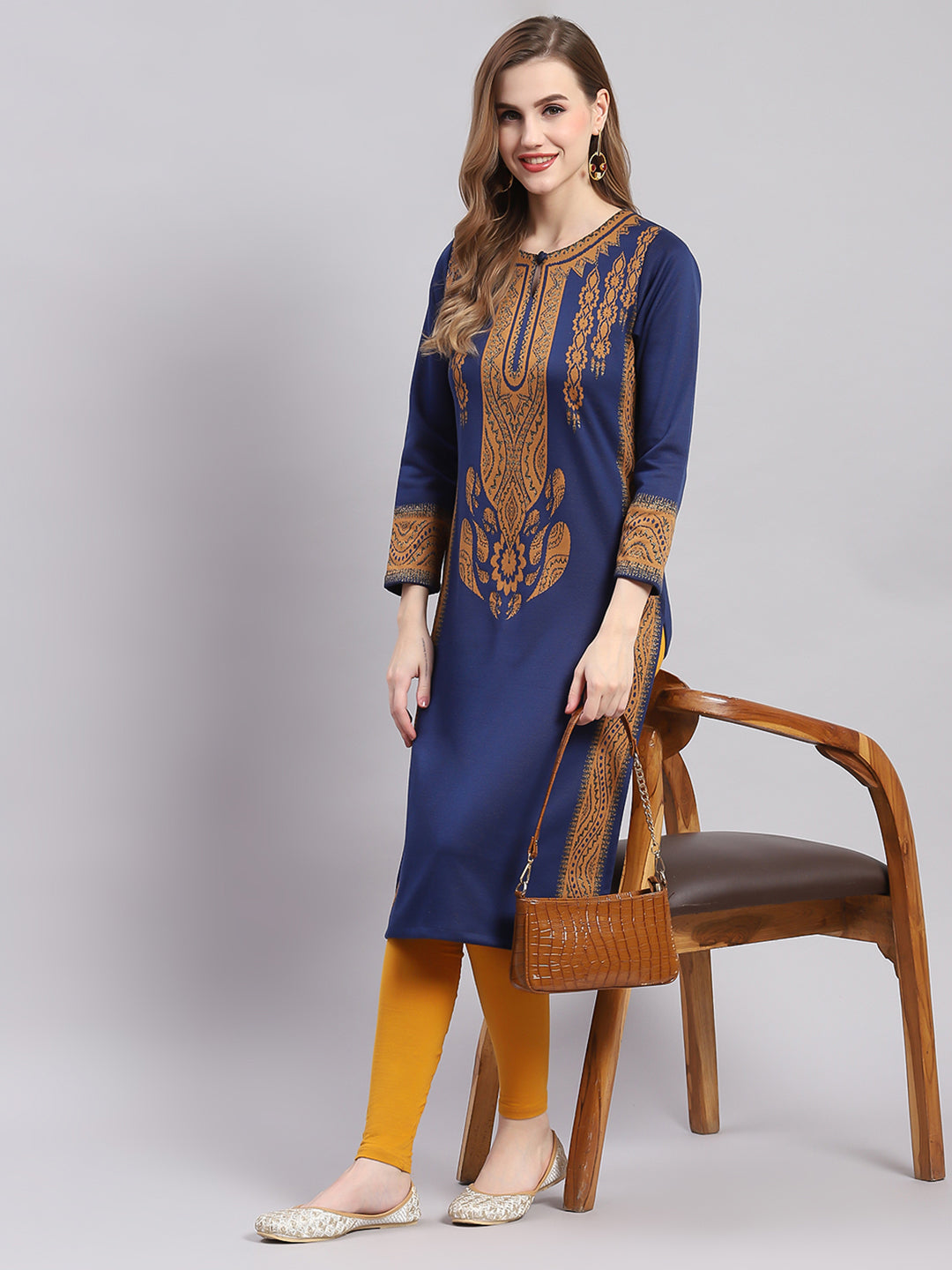 Women Blue Printed Round Neck Full Sleeve Kurtis