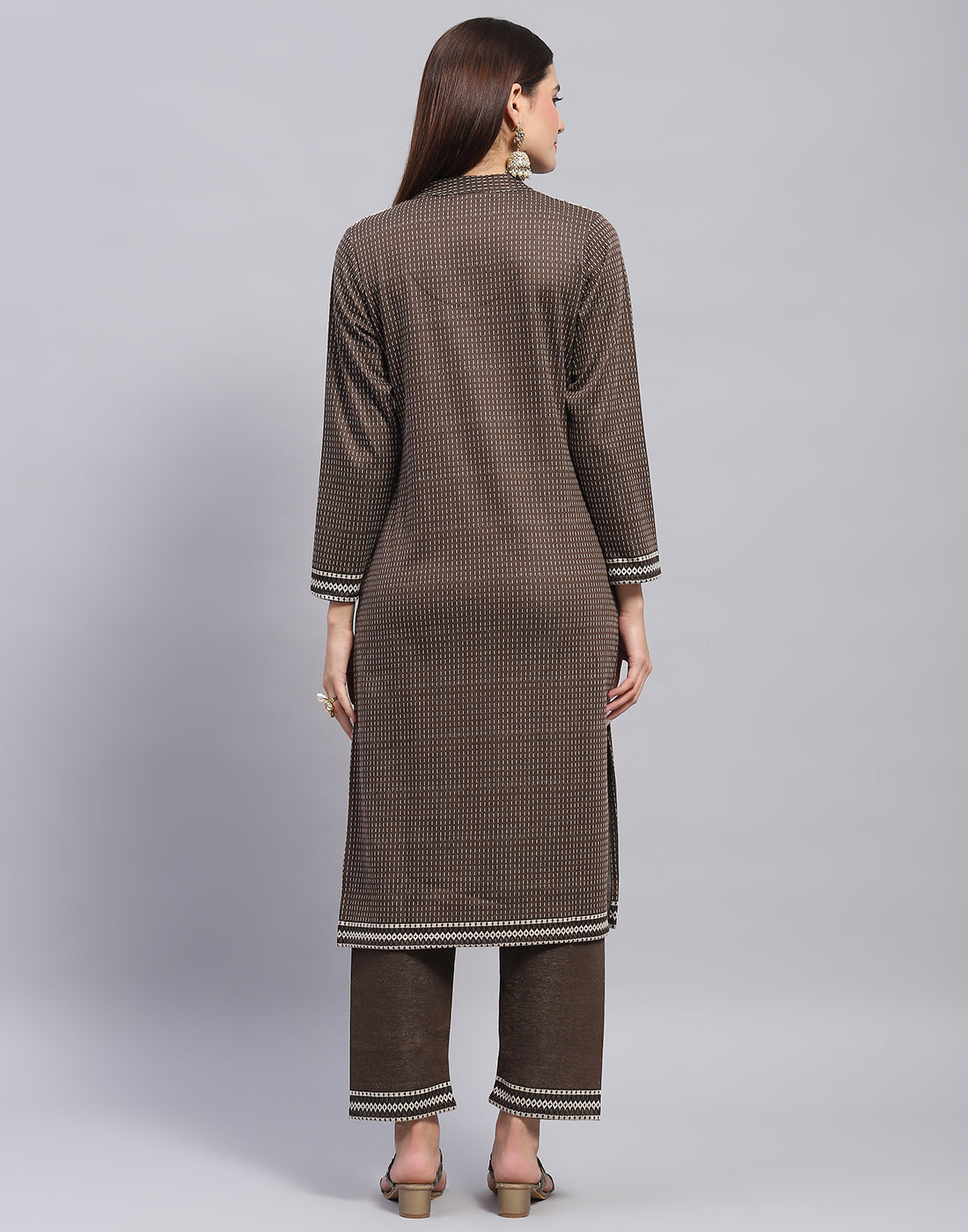 Women Brown Self Design Mandarin Collar Full Sleeve Kurtis + Lower Set