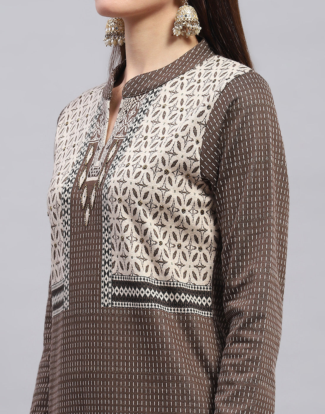 Women Brown Self Design Mandarin Collar Full Sleeve Kurtis + Lower Set