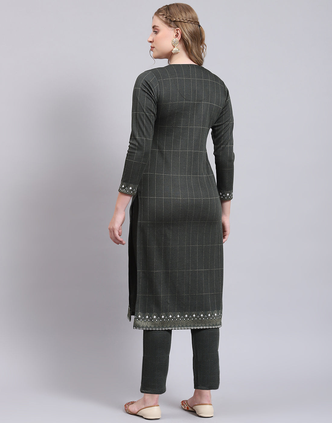 Women Olive Printed Collar Full Sleeve Kurtis Set