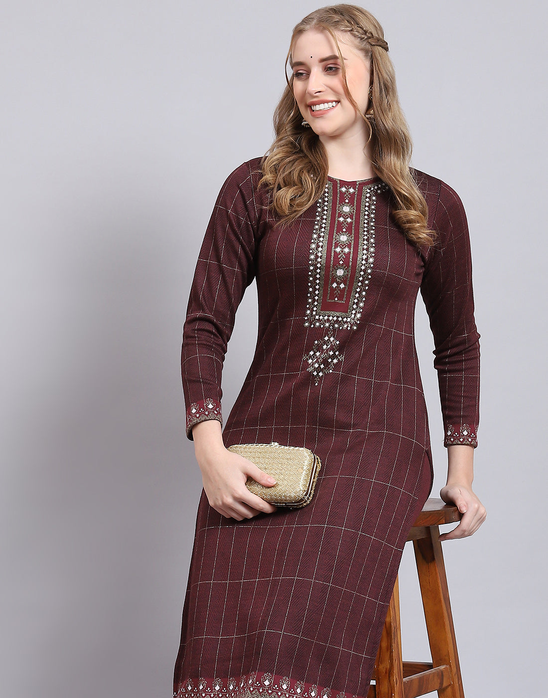Women Maroon Printed Collar Full Sleeve Kurtis Set