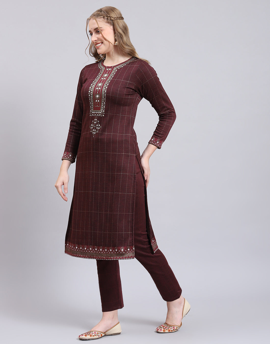 Women Maroon Printed Collar Full Sleeve Kurtis Set