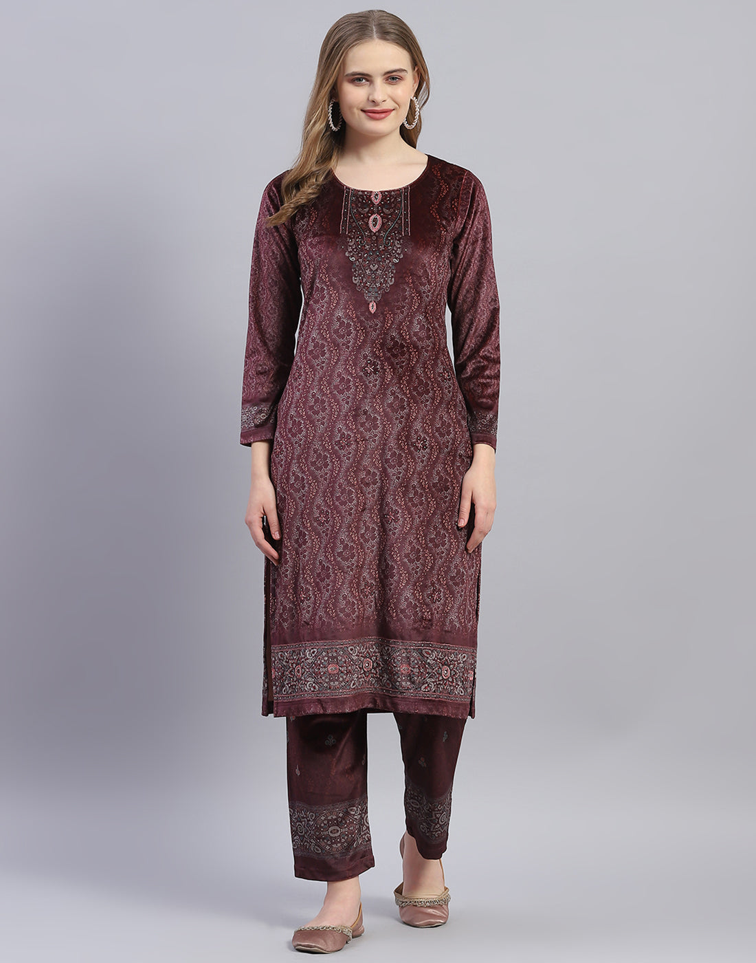Women Maroon Printed Round Neck Full Sleeve Kurti+Lower Set