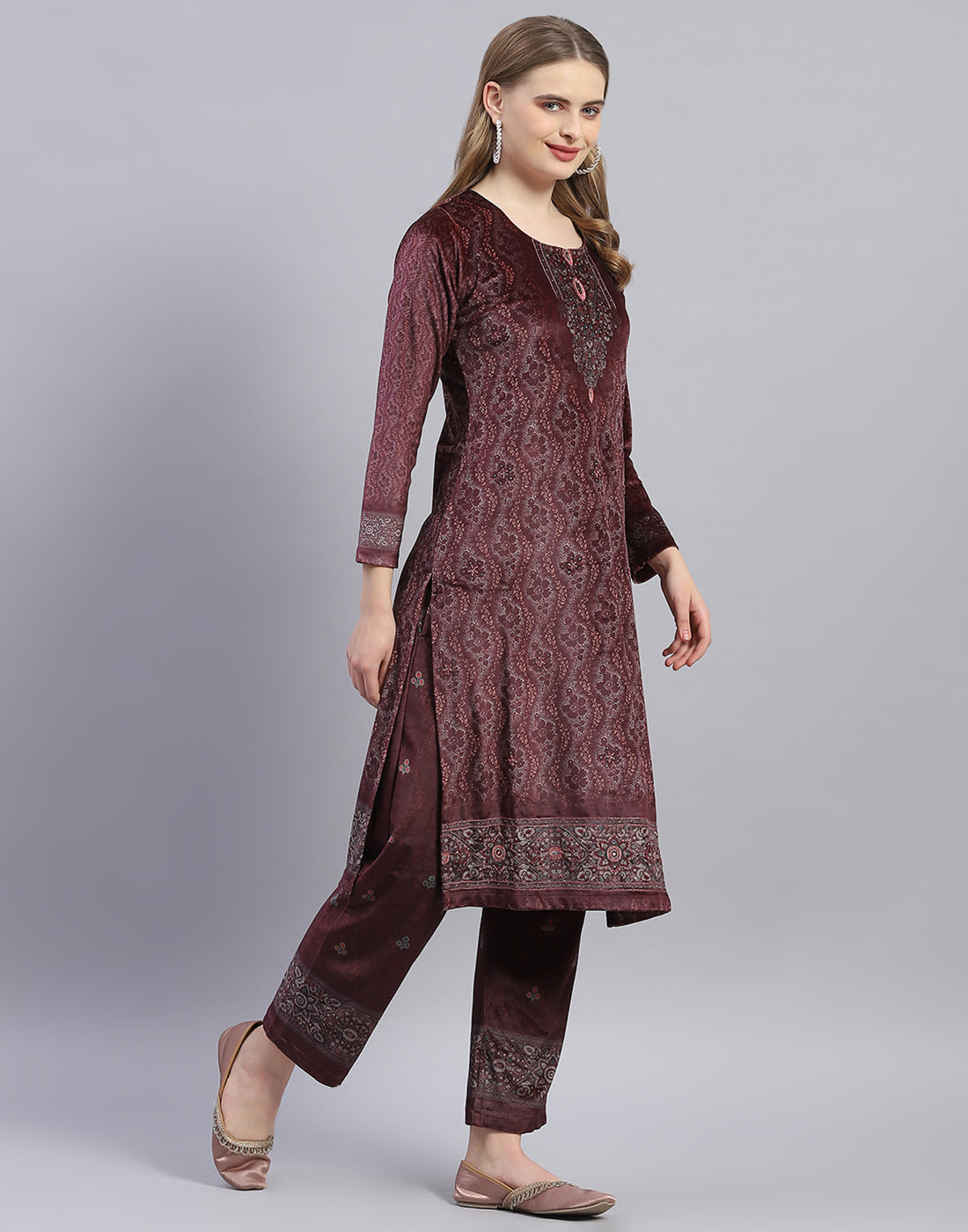 Women Maroon Printed Round Neck Full Sleeve Kurti+Lower Set