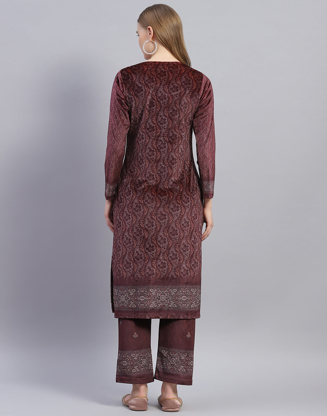 Women Maroon Printed Round Neck Full Sleeve Kurti+Lower Set