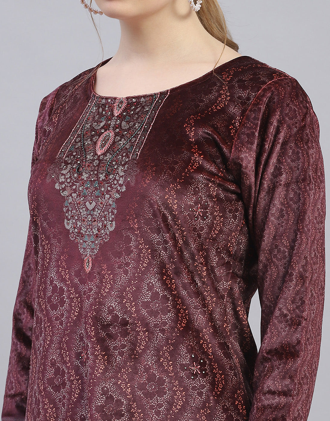 Women Maroon Printed Round Neck Full Sleeve Kurti+Lower Set