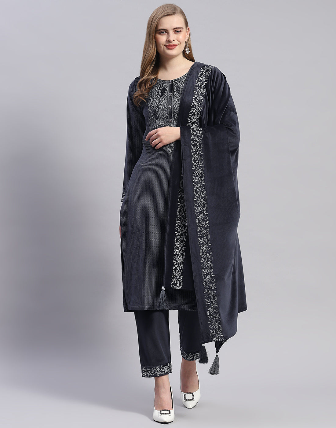 Women Navy Blue Self Design Round Neck Full Sleeve Kurti+Lower Set