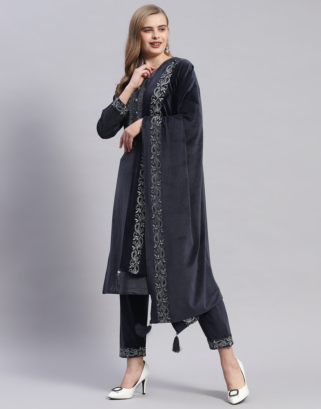Women Navy Blue Self Design Round Neck Full Sleeve Kurti+Lower Set