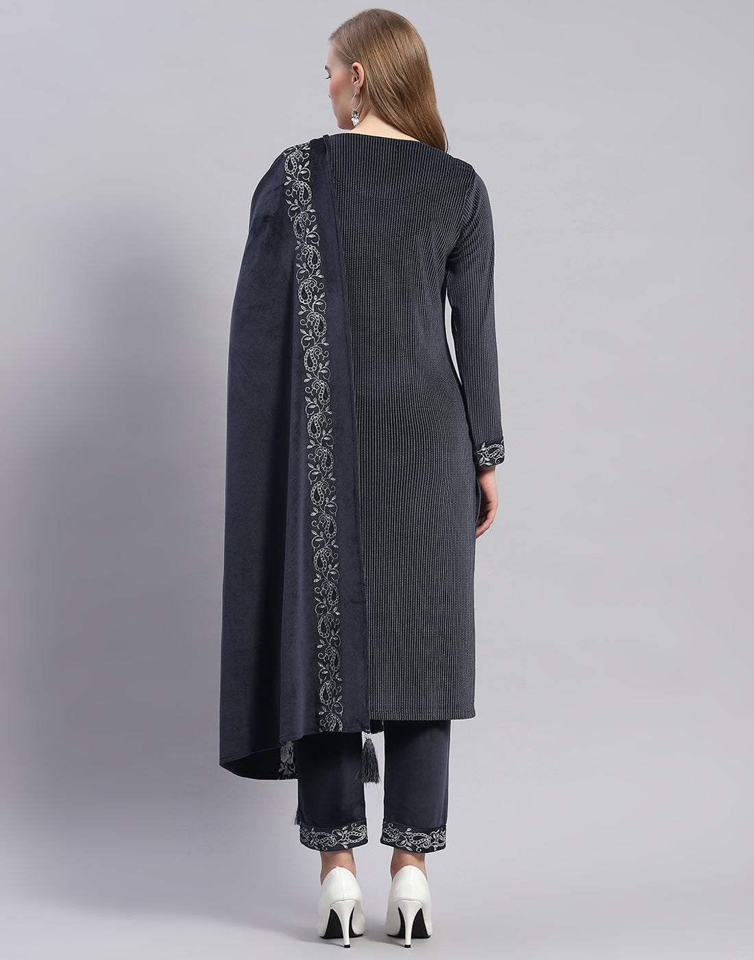 Women Navy Blue Self Design Round Neck Full Sleeve Kurti+Lower Set