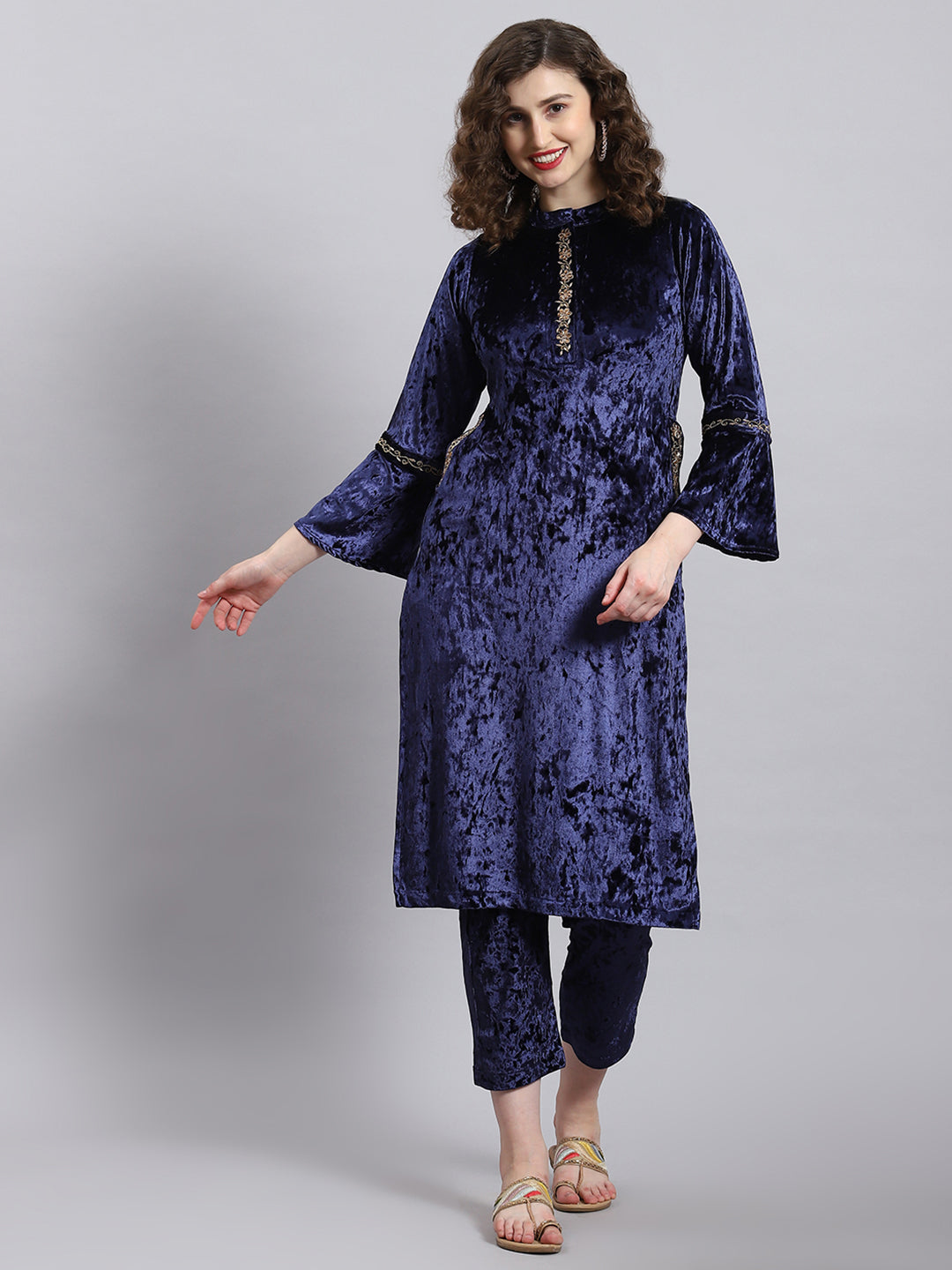Women Navy Blue Solid Mock Collar Full Sleeve Kurtis Set