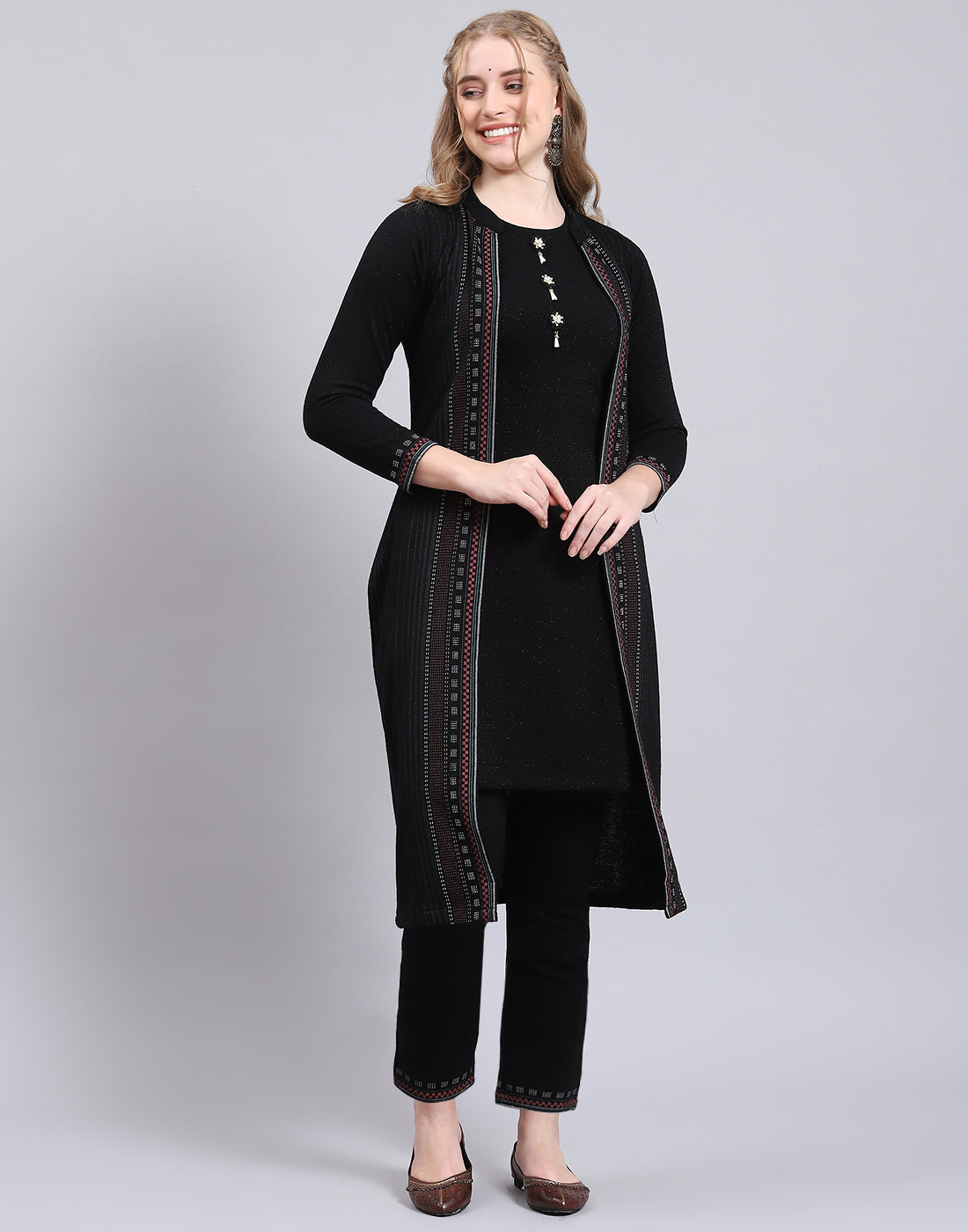 Women Black Self Design Collar Full Sleeve Kurtis Set