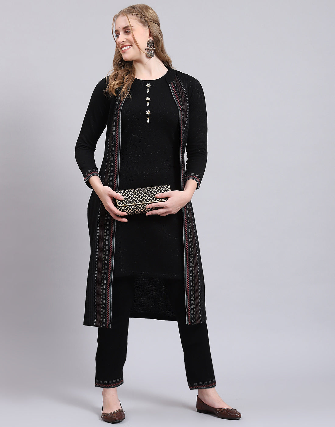 Women Black Self Design Collar Full Sleeve Kurtis Set