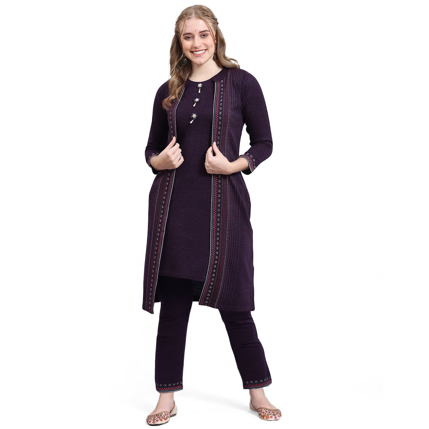 Women Purple Self Design Collar Full Sleeve Kurtis Set