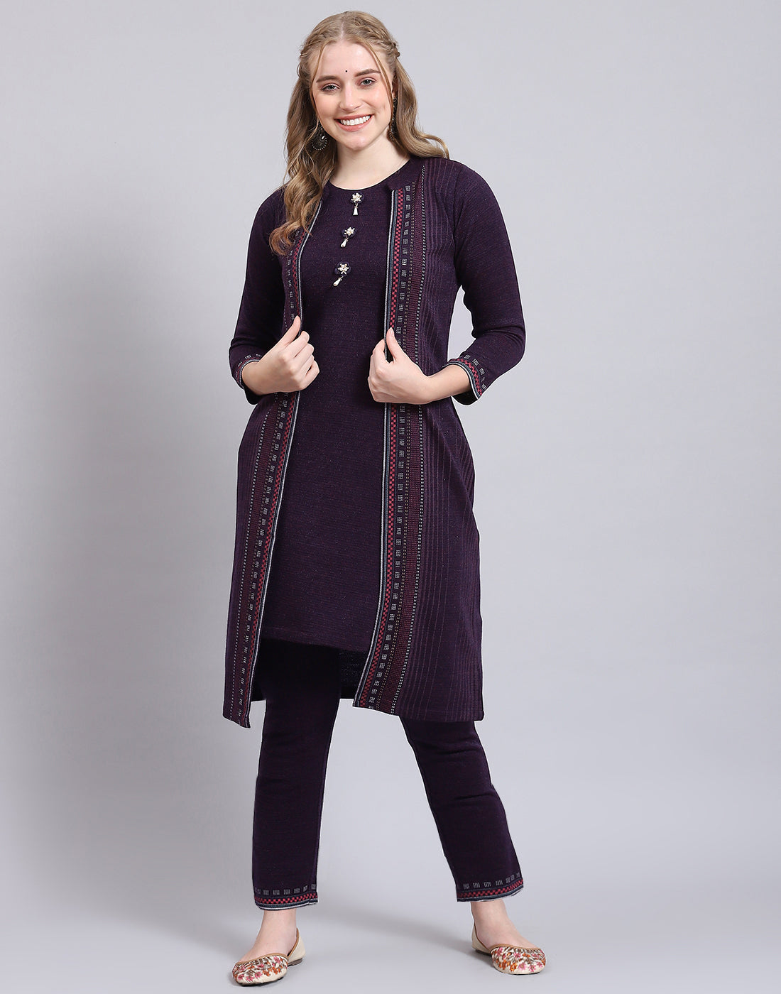 Women Purple Self Design Collar Full Sleeve Kurtis Set