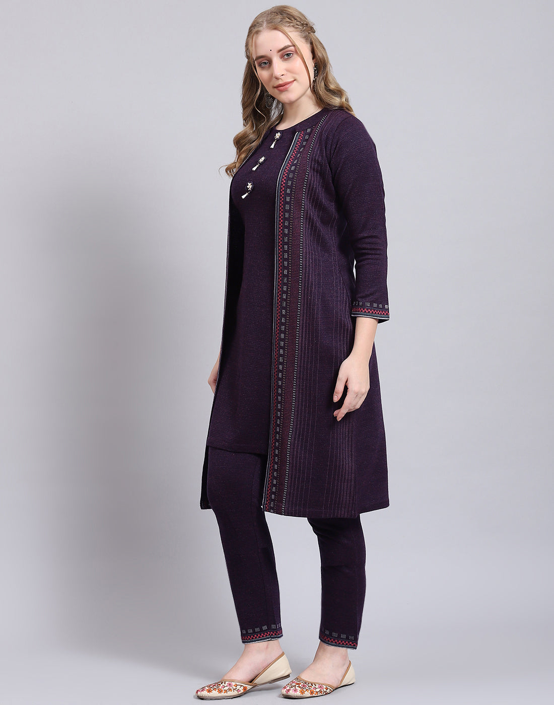 Women Purple Self Design Collar Full Sleeve Kurtis Set