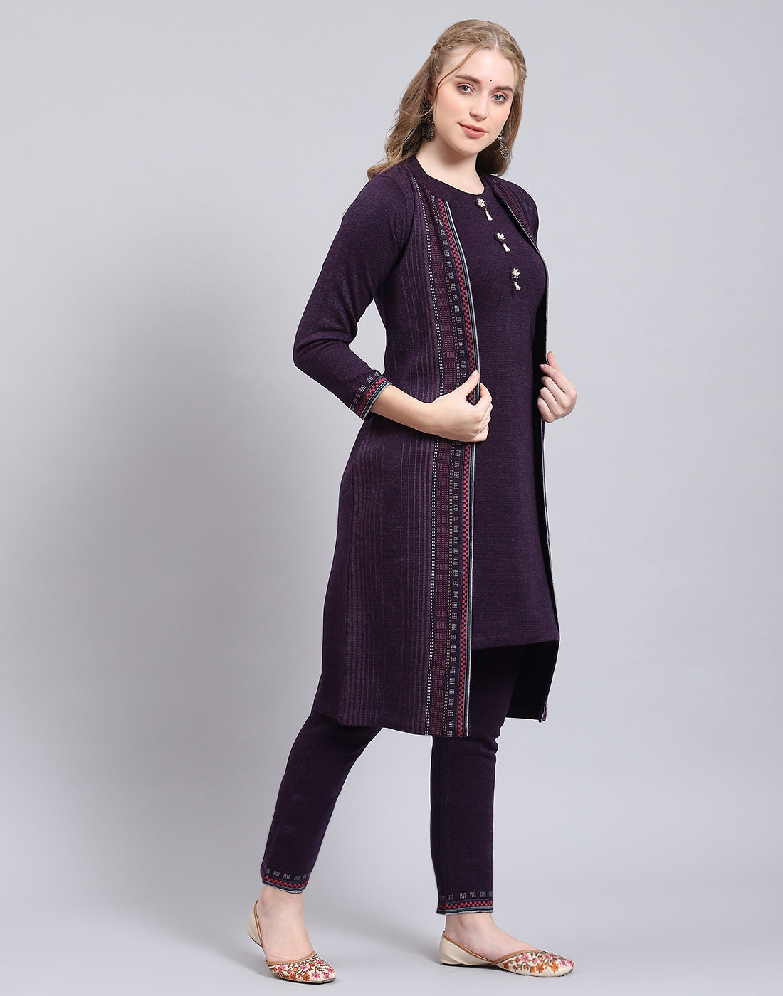 Women Purple Self Design Collar Full Sleeve Kurtis Set