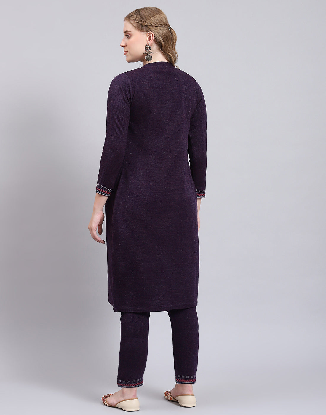 Women Purple Self Design Collar Full Sleeve Kurtis Set