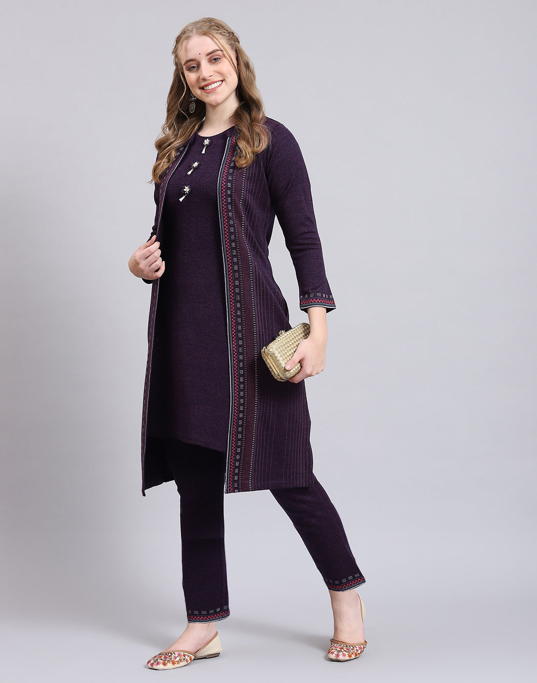 Women Purple Self Design Collar Full Sleeve Kurtis Set