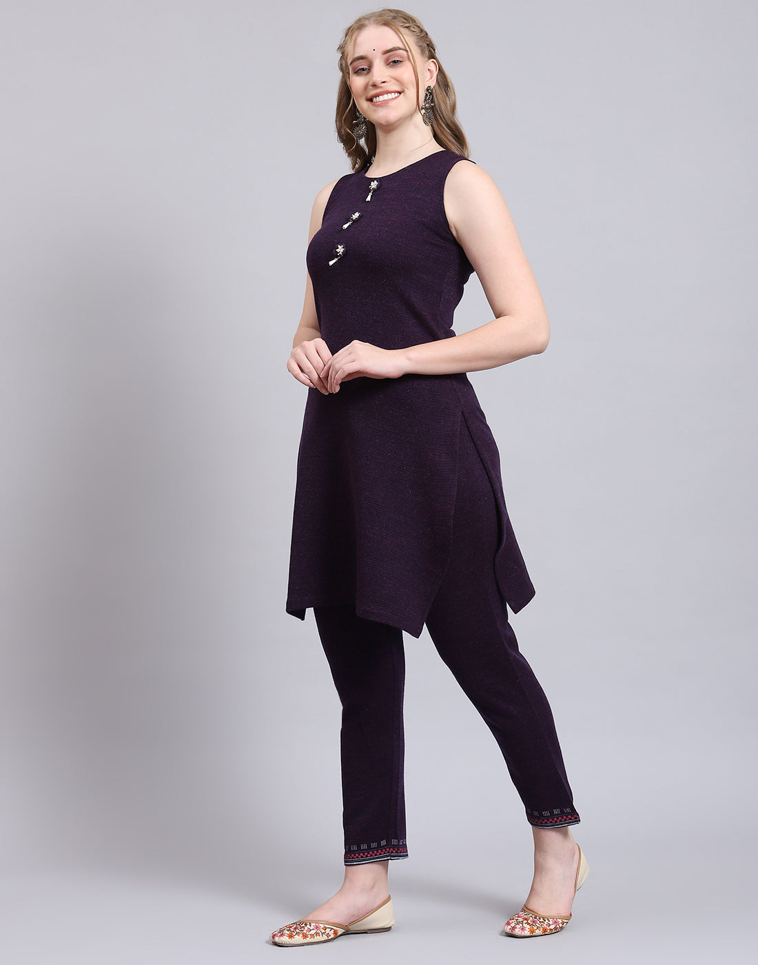 Women Purple Self Design Collar Full Sleeve Kurtis Set