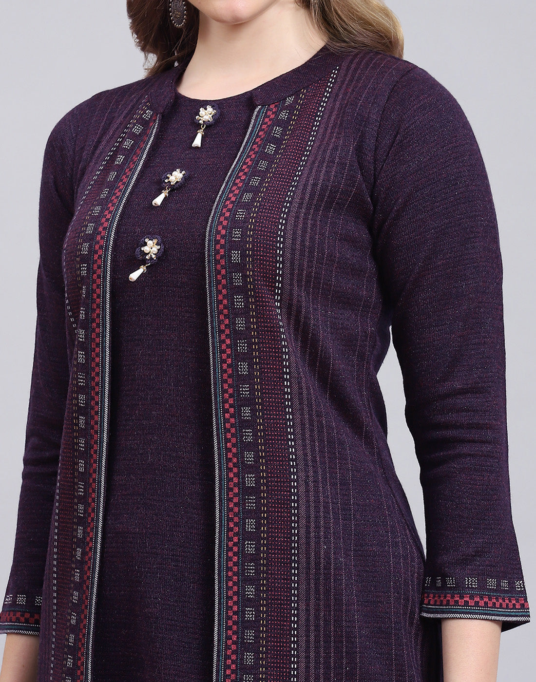 Women Purple Self Design Collar Full Sleeve Kurtis Set