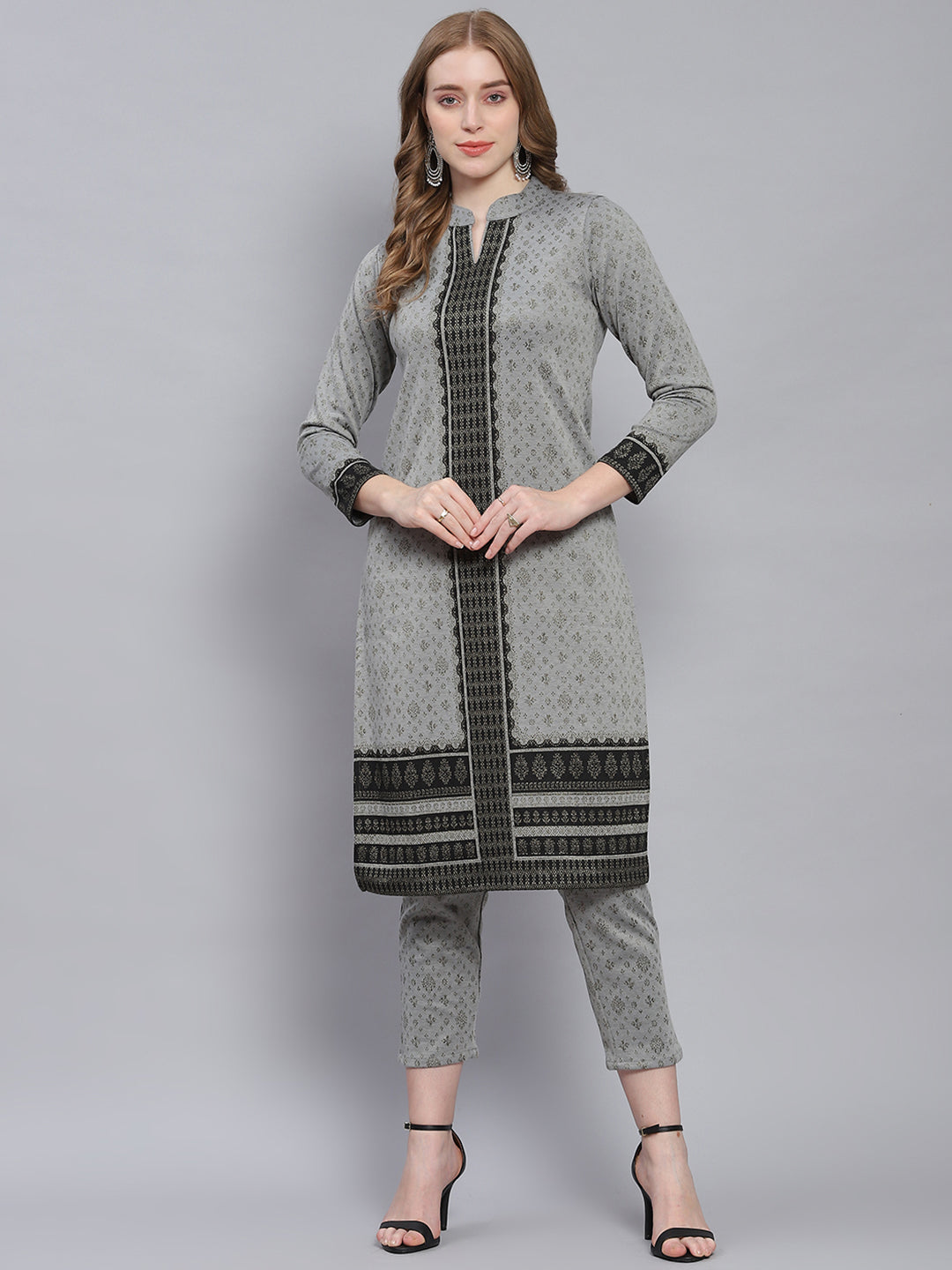 Women Grey Self Design Collar Full Sleeve Kurtis Set