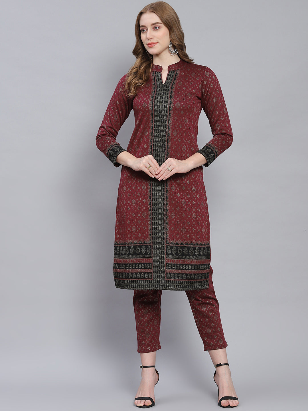 Women Maroon Self Design Collar Full Sleeve Kurtis Set