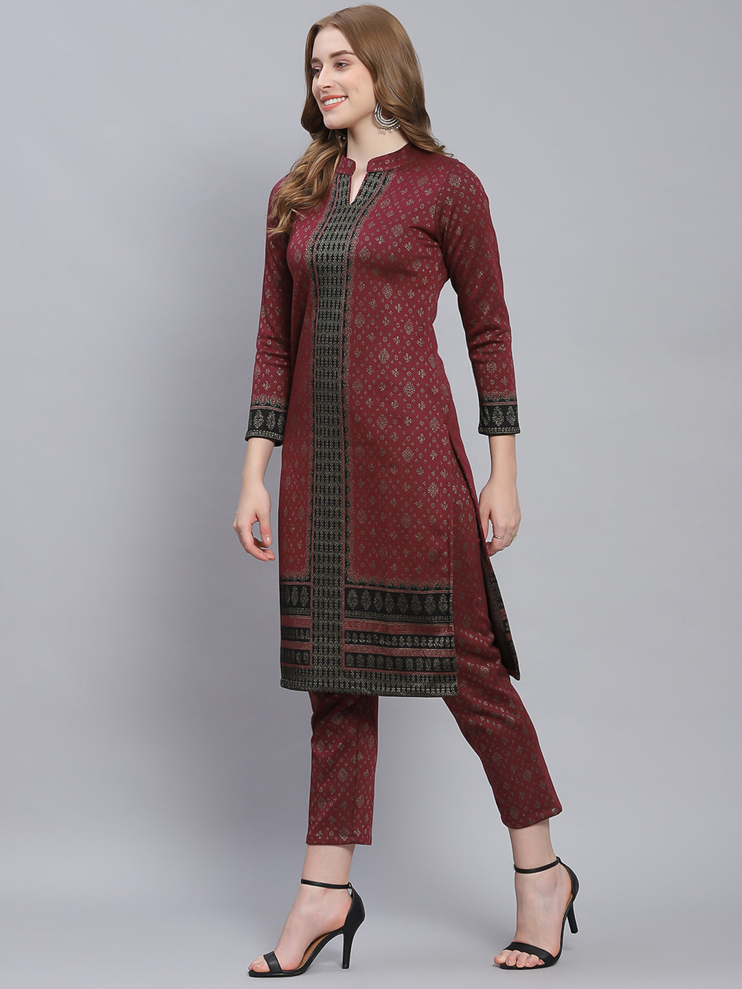 Women Maroon Self Design Collar Full Sleeve Kurtis Set