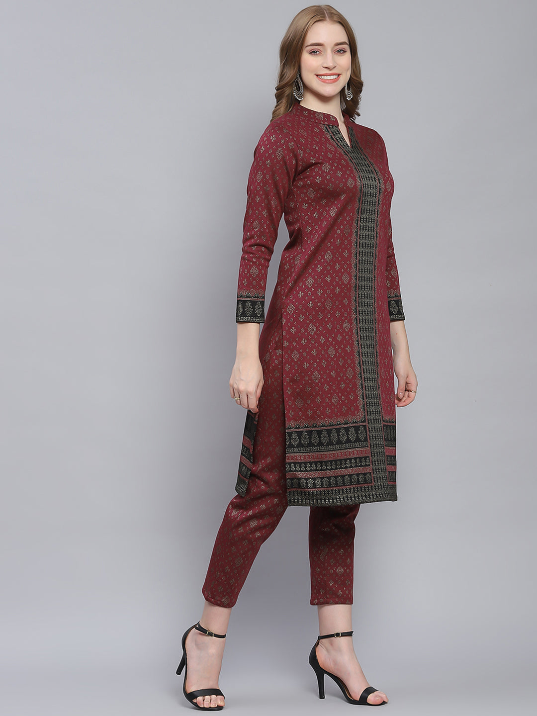 Women Maroon Self Design Collar Full Sleeve Kurtis Set
