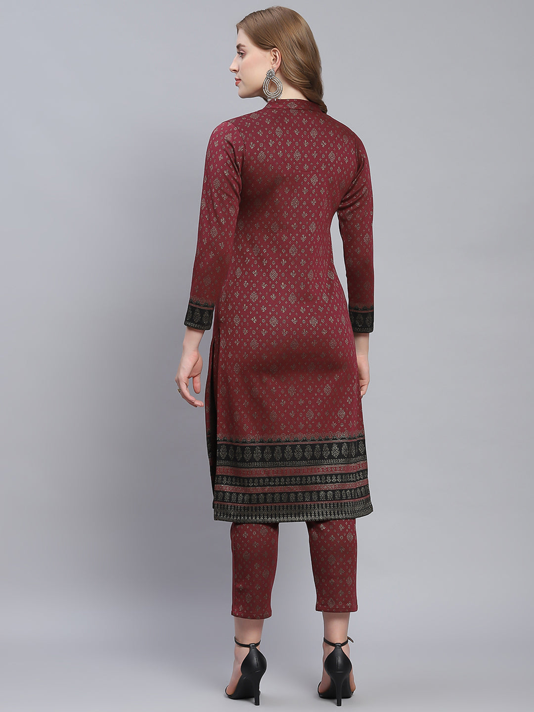 Women Maroon Self Design Collar Full Sleeve Kurtis Set