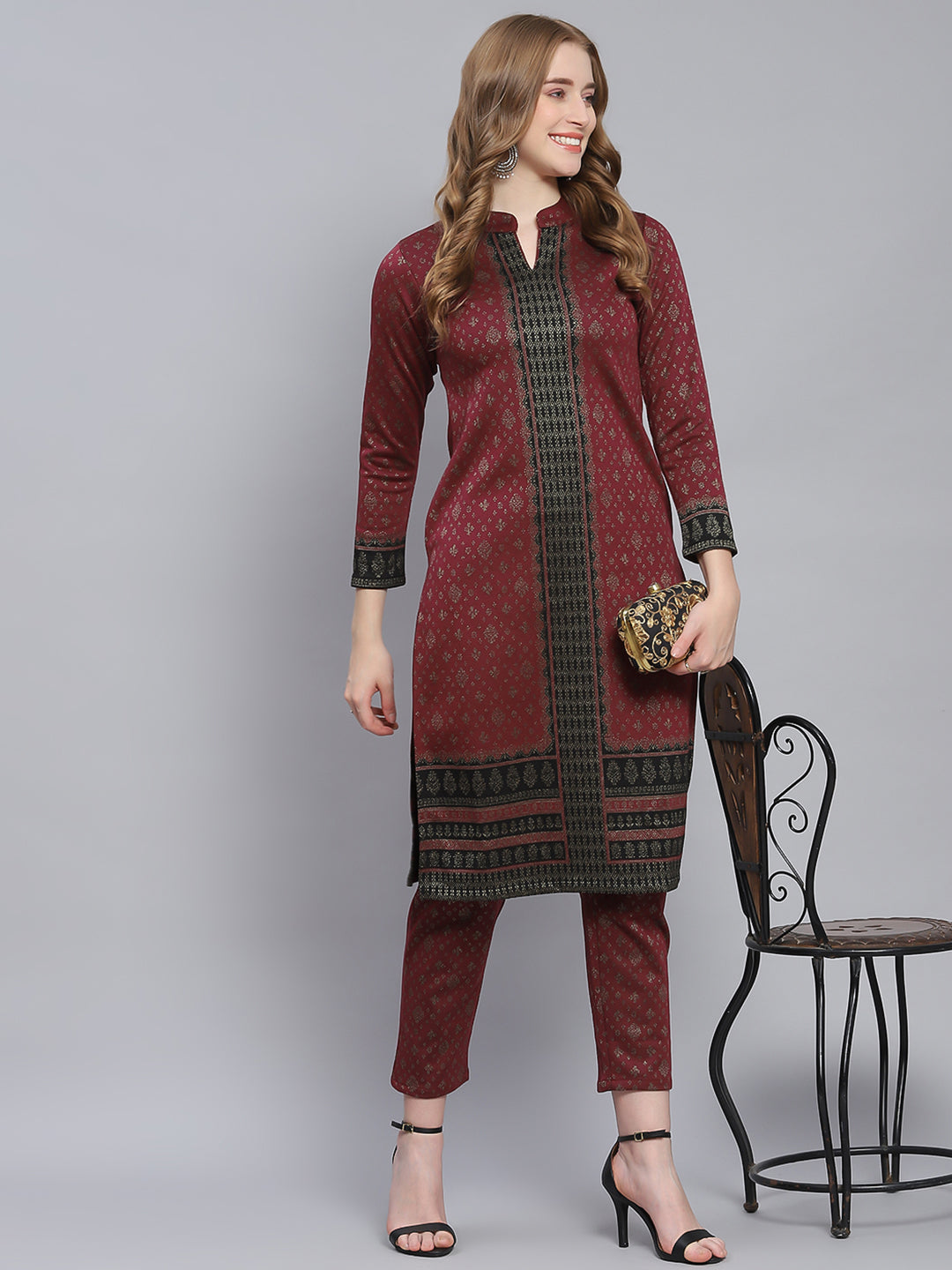 Women Maroon Self Design Collar Full Sleeve Kurtis Set