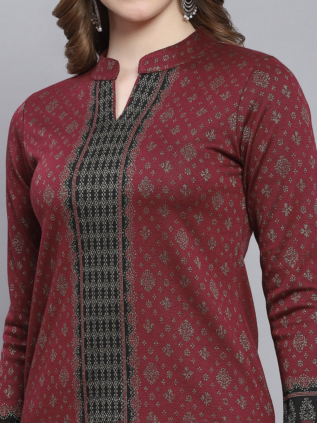 Women Maroon Self Design Collar Full Sleeve Kurtis Set