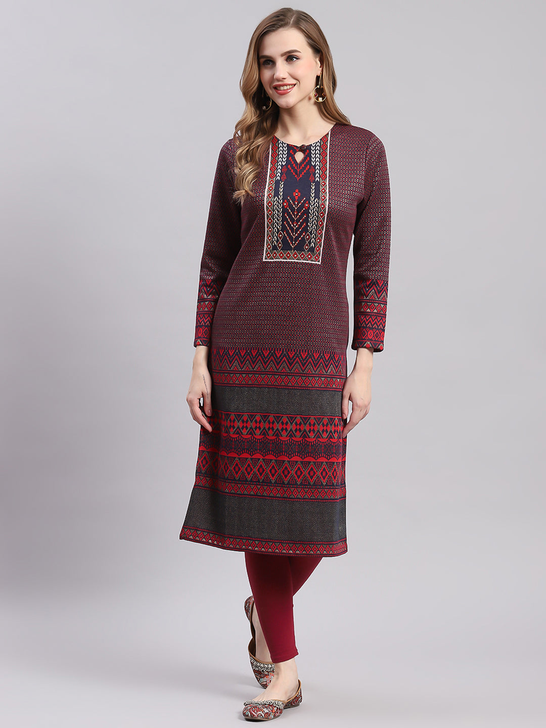 Women Maroon Printed Round Neck Full Sleeve Kurtis
