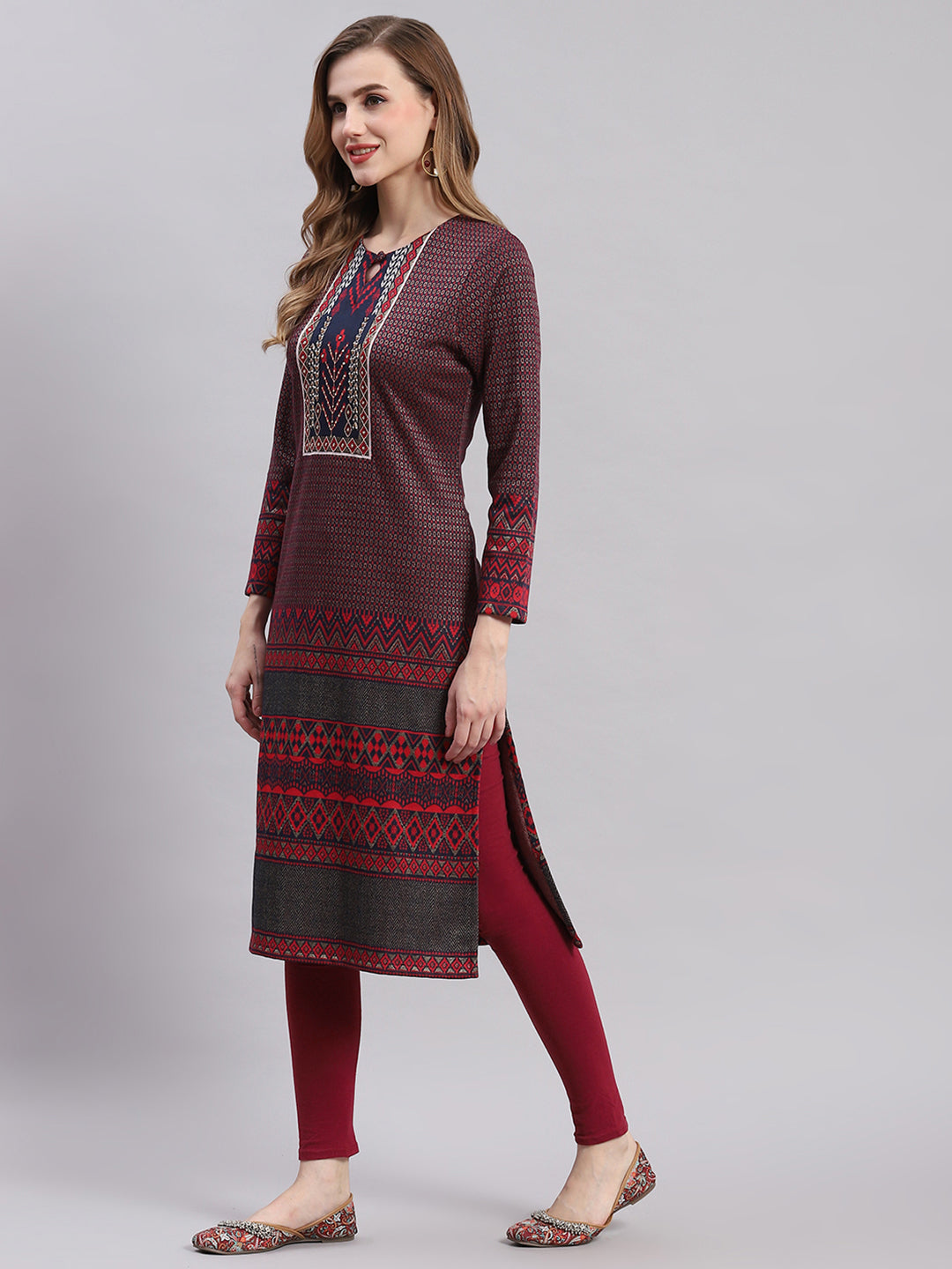 Women Maroon Printed Round Neck Full Sleeve Kurtis