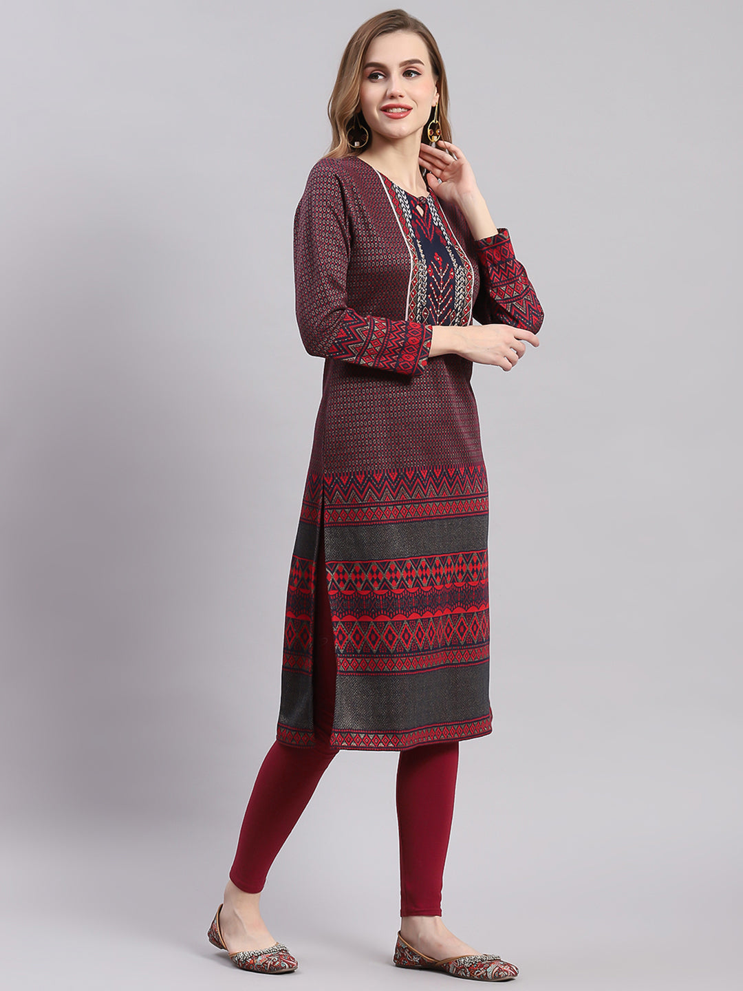 Women Maroon Printed Round Neck Full Sleeve Kurtis