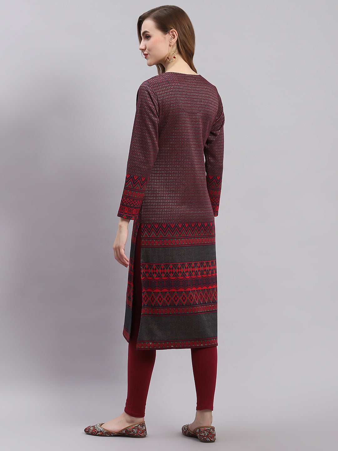 Women Maroon Printed Round Neck Full Sleeve Kurtis