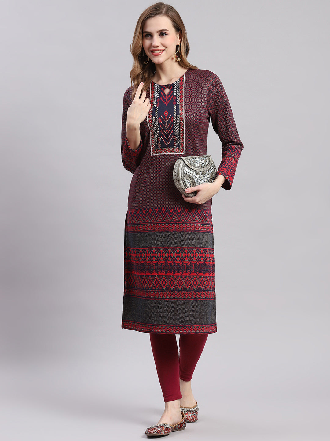 Women Maroon Printed Round Neck Full Sleeve Kurtis