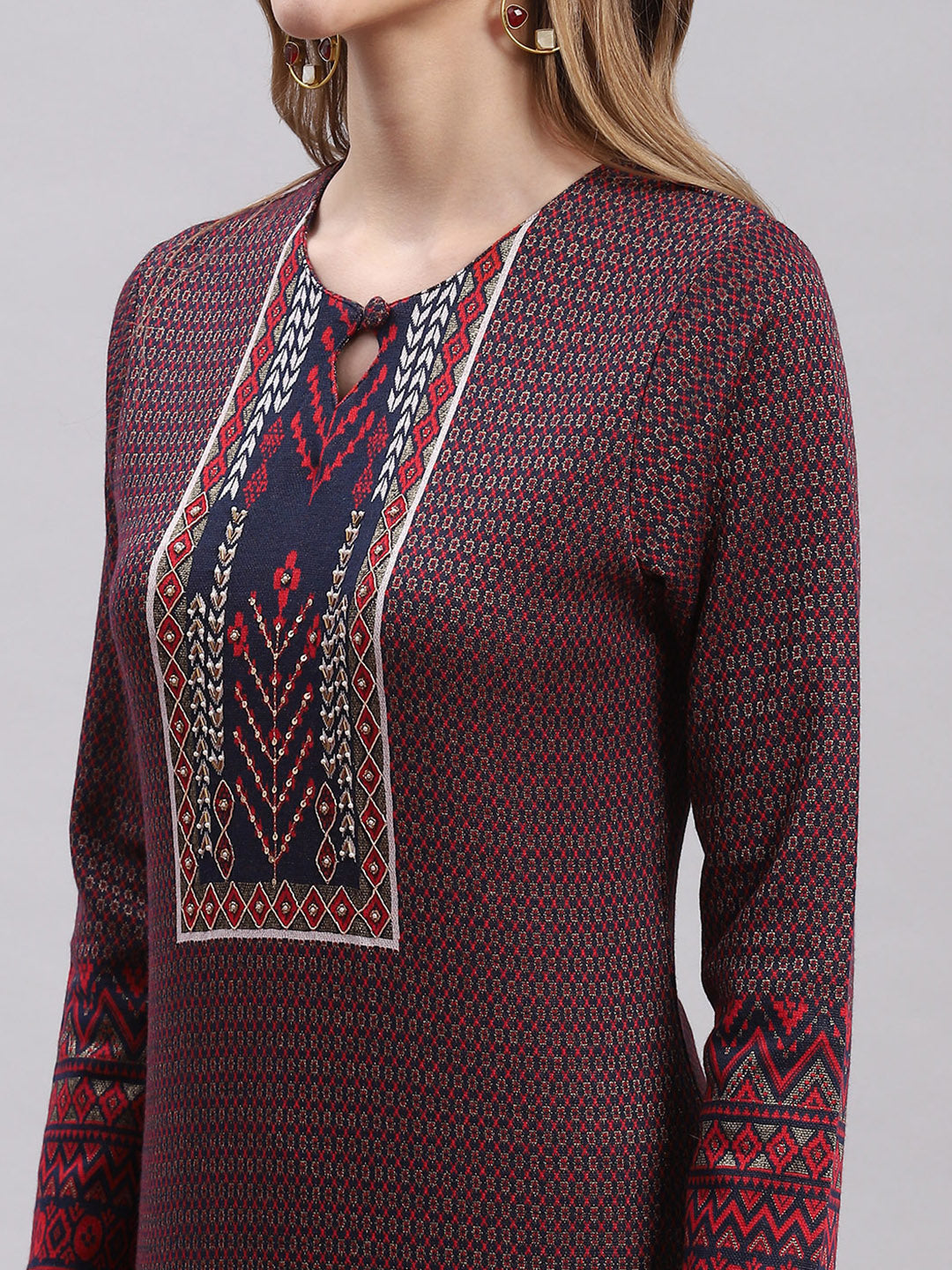 Women Maroon Printed Round Neck Full Sleeve Kurtis