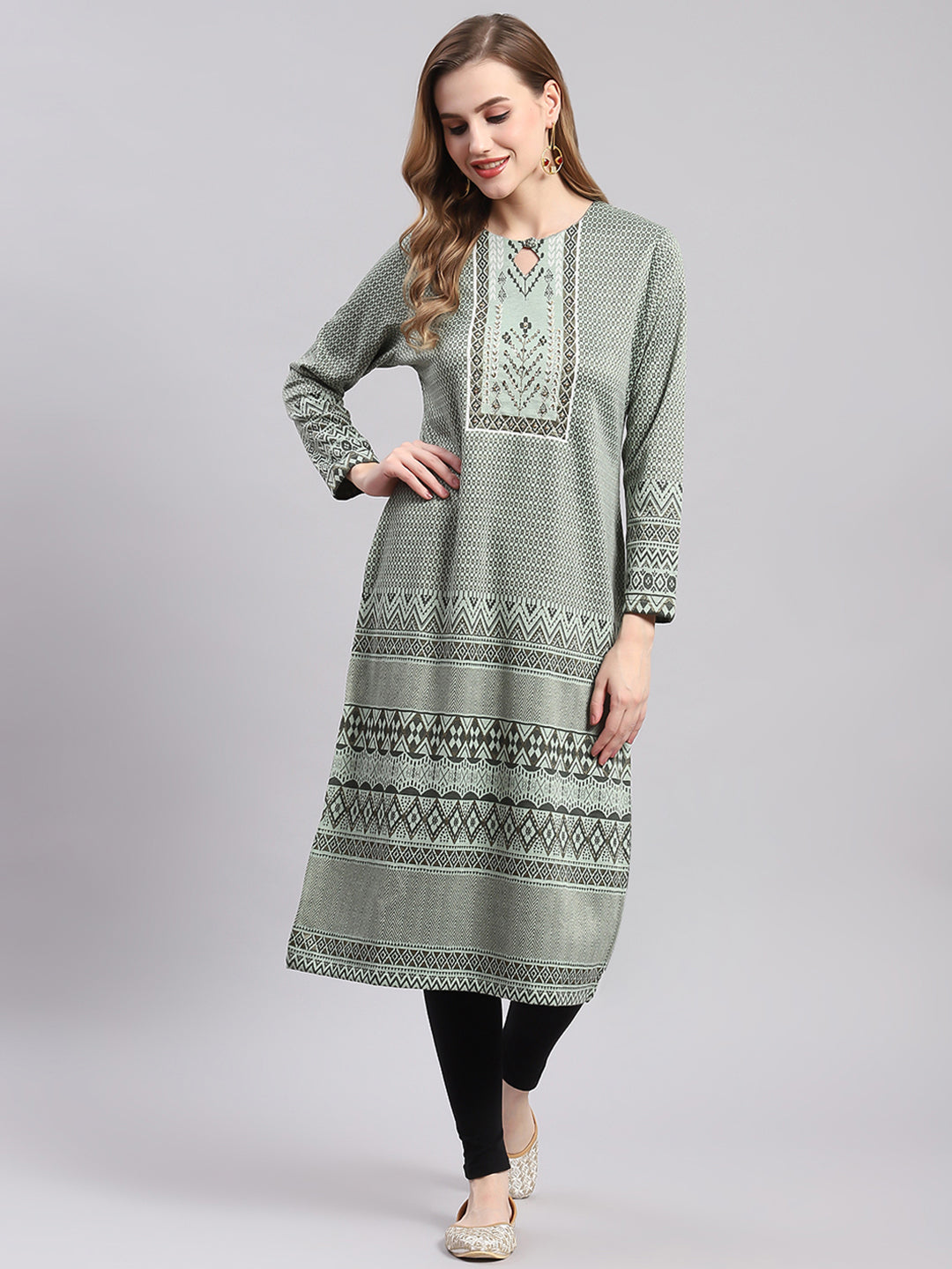 Women Green Printed Round Neck Full Sleeve Kurtis